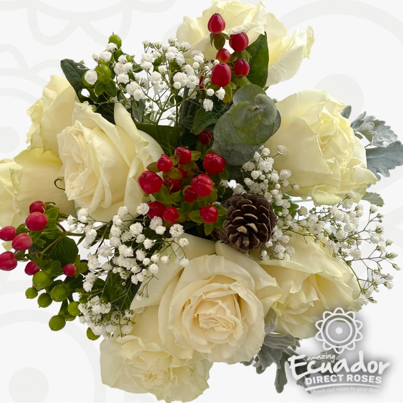 Fresh cut white roses bouquet with red berries and greenery, perfect as flowers for mom 3d style. Elegant arrangement for Mother's Day gifts.