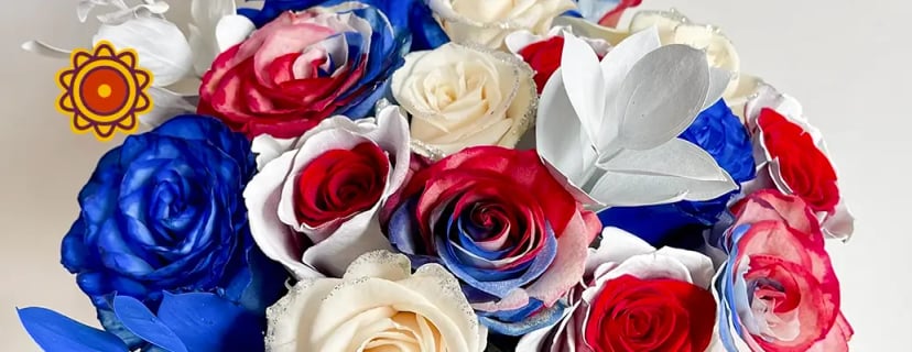 Patriotic red, white, and blue rose bouquet making. Buy roses online victoria featuring fresh cut flowers, calla lily, lavender roses, light pink garland.
